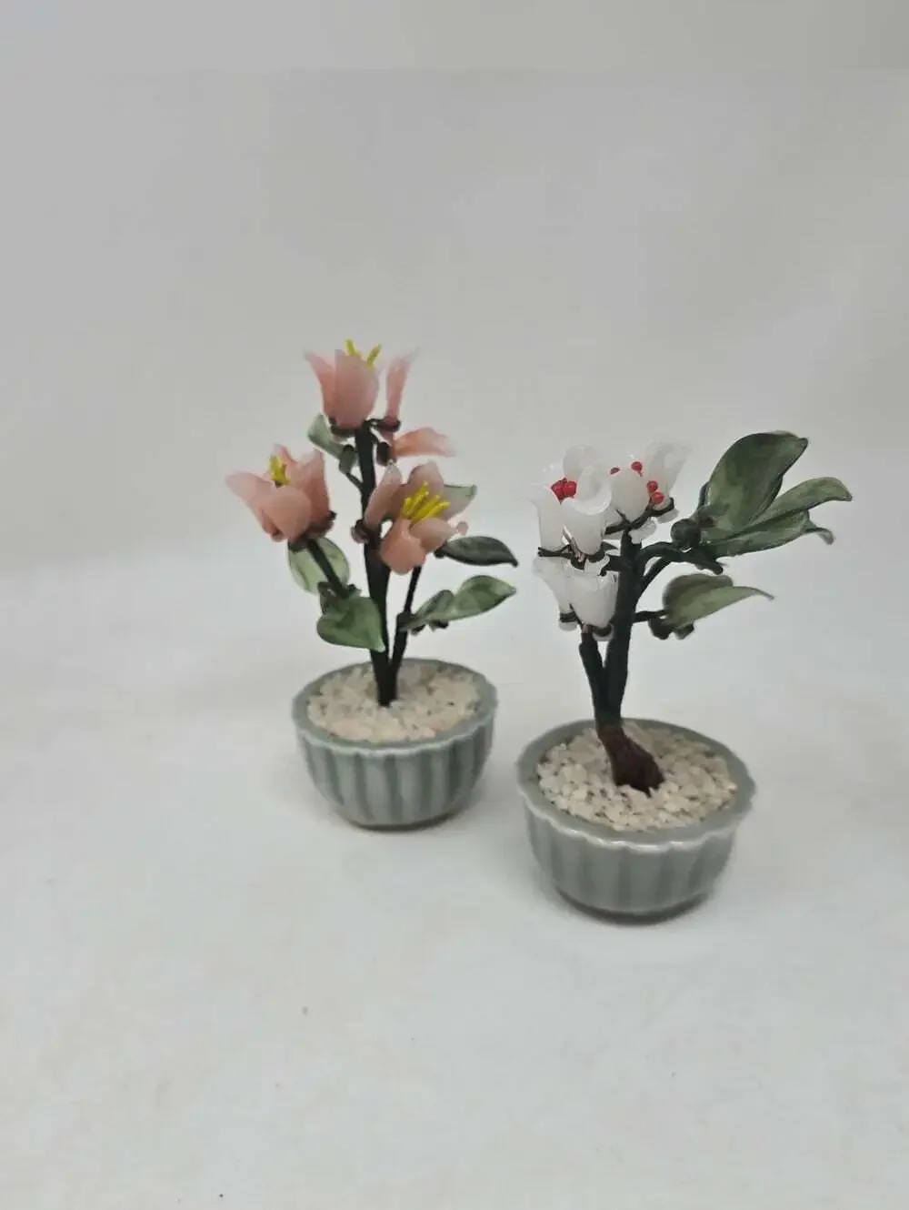 Vintage 80s Chinese Bonsai Tree Glass Wire Flowers Green Celadon Planter Pot